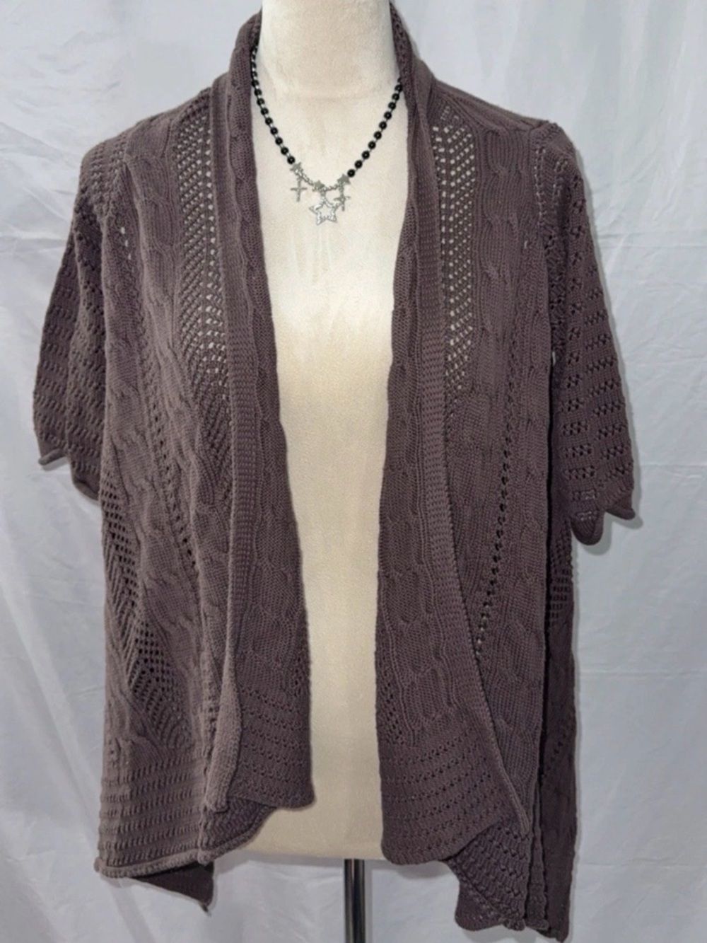 Open-Front Short-Sleeve Knit Cardigan in Taupe